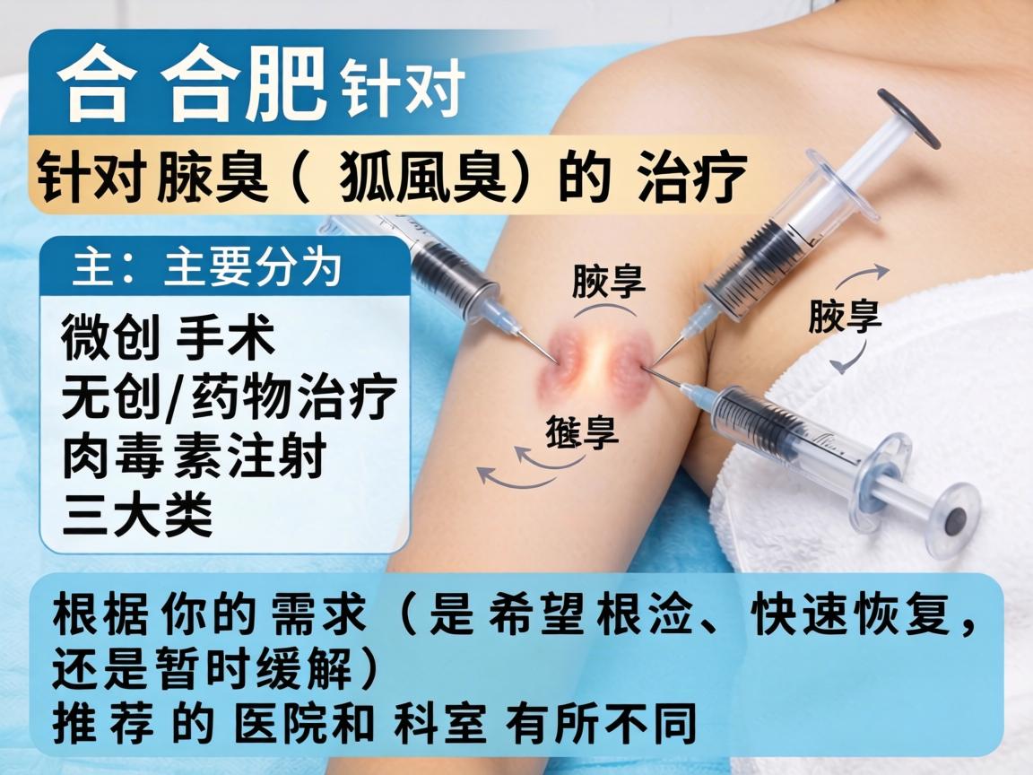 在合肥，针对腋臭（狐臭）的治疗，主要分为微创手术、无创/药物治疗和肉毒素注射三大类。根据你的需求（是希望根治、快速恢复，还是暂时缓解）推荐的医院和科室有所不同