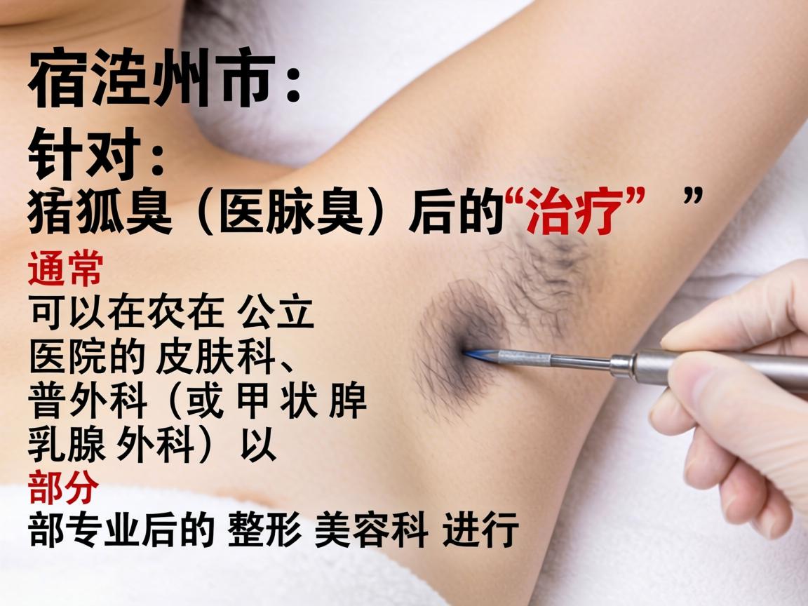 在宿州市,针对狐臭(腋臭)的治疗,通常可以在公立医院的皮肤科、普外科(或甲状腺乳腺外科)以及部分专业的整形美容科进行 在宿州市,针对狐臭(腋臭)的治疗,通常可以在公立医院的皮肤科、普外科(或甲状腺乳腺外科)以及部分专业的整形美容科进行