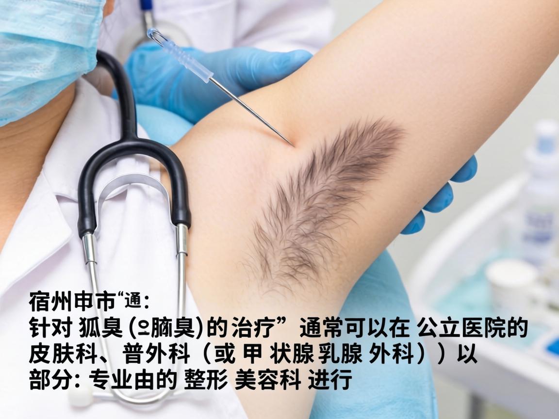 在宿州市,针对狐臭(腋臭)的治疗,通常可以在公立医院的皮肤科、普外科(或甲状腺乳腺外科)以及部分专业的整形美容科进行 在宿州市,针对狐臭(腋臭)的治疗,通常可以在公立医院的皮肤科、普外科(或甲状腺乳腺外科)以及部分专业的整形美容科进行