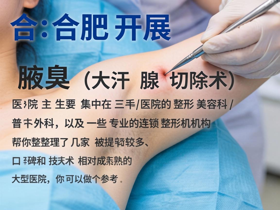 在合肥,开展腋臭手术(大汗腺切除术)的医院主要集中在三甲医院的整形美容科/普外科,以及一些专业的连锁整形机构。帮你整理了几家被提及较多、口碑和技术相对成熟的大型医院,你可以做个参考 在合肥,开展腋臭手术(大汗腺切除术)的医院主要集中在三甲医院的整形美容科/普外科,以及一些专业的连锁整形机构。帮你整理了几家被提及较多、口碑和技术相对成熟的大型医院,你可以做个参考