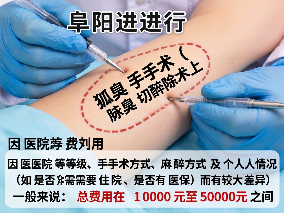 在阜阳进行狐臭手术(腋臭切除术)的费用因医院等级、手术方式、麻醉方式及个人情况(如是否需要住院、是否有医保)而有较大差异。一般来说,总费用在 1000元至5000元 之间 在阜阳进行狐臭手术(腋臭切除术)的费用因医院等级、手术方式、麻醉方式及个人情况(如是否需要住院、是否有医保)而有较大差异。一般来说,总费用在 1000元至5000元 之间
