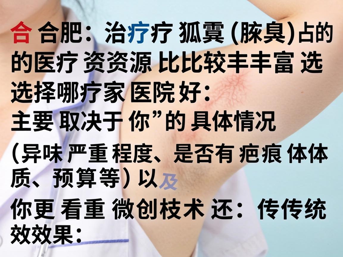 在合肥,治疗狐臭(腋臭)的医疗资源比较丰富,选择哪家医院好,主要取决于你的具体情况(如异味严重程度、是否有疤痕体质、预算等)以及你更看重微创技术还是传统效果 在合肥,治疗狐臭(腋臭)的医疗资源比较丰富,选择哪家医院好,主要取决于你的具体情况(如异味严重程度、是否有疤痕体质、预算等)以及你更看重微创技术还是传统效果