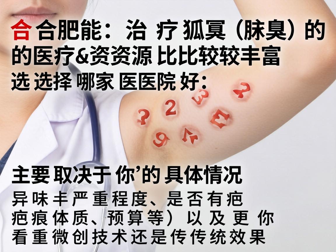 在合肥,治疗狐臭(腋臭)的医疗资源比较丰富,选择哪家医院好,主要取决于你的具体情况(如异味严重程度、是否有疤痕体质、预算等)以及你更看重微创技术还是传统效果 在合肥,治疗狐臭(腋臭)的医疗资源比较丰富,选择哪家医院好,主要取决于你的具体情况(如异味严重程度、是否有疤痕体质、预算等)以及你更看重微创技术还是传统效果