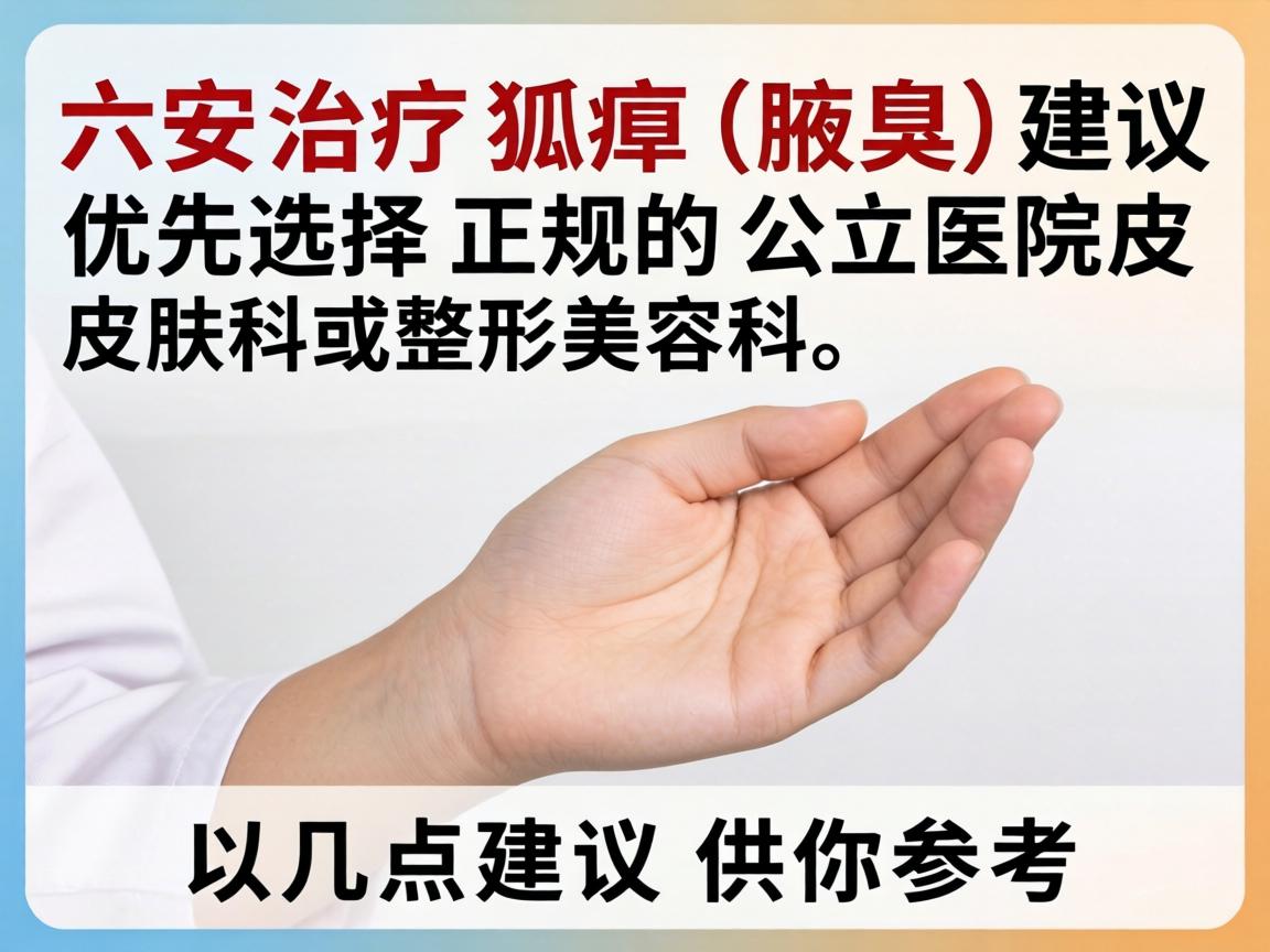 在六安治疗狐臭(腋臭)建议优先选择正规的公立医院皮肤科或整形美容科。以下是几点建议供你参考 在六安治疗狐臭(腋臭)建议优先选择正规的公立医院皮肤科或整形美容科。以下是几点建议供你参考