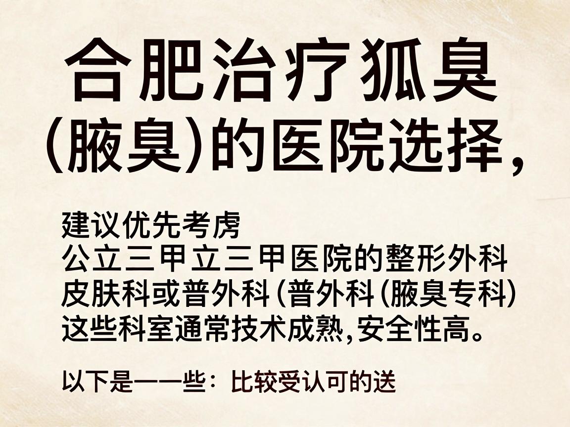 合肥治疗狐臭（腋臭）的医院选择，建议优先考虑公立三甲医院的整形外科、皮肤科或普外科（腋臭专科）这些科室通常技术成熟、安全性高。以下是一些比较受认可的医院及科室推荐，供你参考