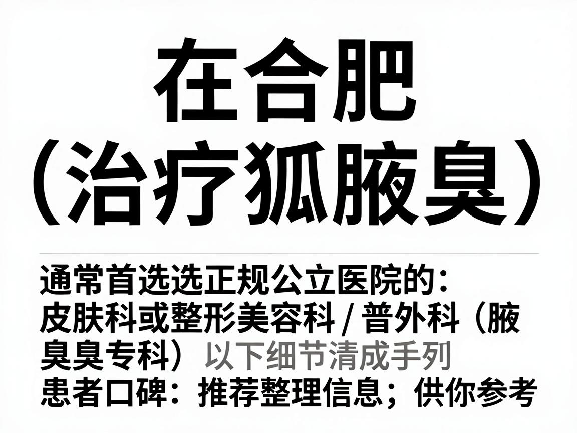 在合肥,治疗狐臭(腋臭)通常首选正规公立医院的皮肤科或整形美容科/普外科(腋臭专科)以下是根据医院级别、专科实力和患者口碑整理的推荐信息,供你参考 在合肥,治疗狐臭(腋臭)通常首选正规公立医院的皮肤科或整形美容科/普外科(腋臭专科)以下是根据医院级别、专科实力和患者口碑整理的推荐信息,供你参考