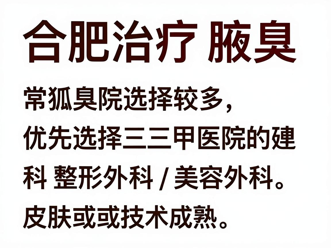 合肥治疗腋臭(狐臭)的医院选择较多,通常建议优先选择三甲医院的皮肤科或整形外科/美容外科。以下是合肥地区口碑较好、技术成熟的医院推荐及选择建议 合肥治疗腋臭(狐臭)的医院选择较多,通常建议优先选择三甲医院的皮肤科或整形外科/美容外科。以下是合肥地区口碑较好、技术成熟的医院推荐及选择建议