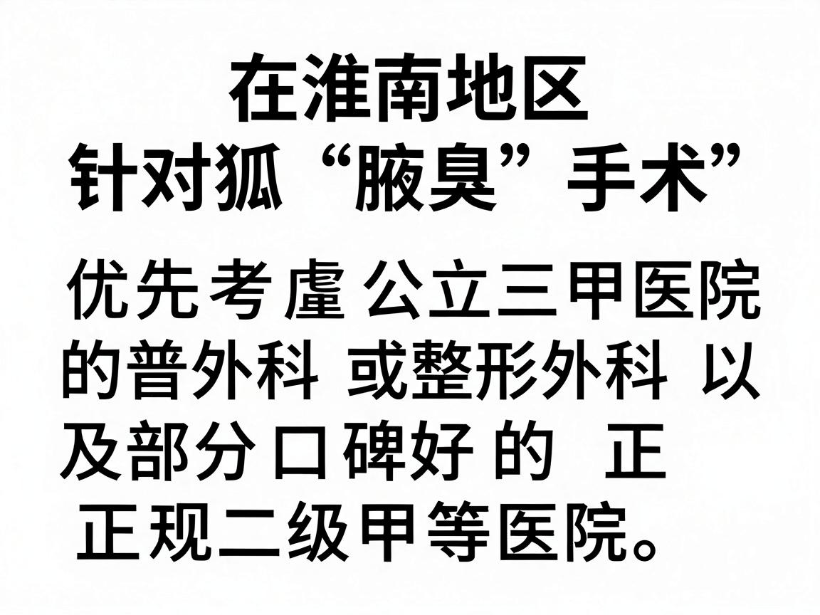 在淮南地区,针对狐臭(腋臭)手术,建议优先考虑公立三甲医院的普外科(或整形外科)以及部分口碑好的正规二级甲等医院。由于医疗信息具有时效性,建议你通过以下方式获取最新、最准确的信息 在淮南地区,针对狐臭(腋臭)手术,建议优先考虑公立三甲医院的普外科(或整形外科)以及部分口碑好的正规二级甲等医院。由于医疗信息具有时效性,建议你通过以下方式获取最新、最准确的信息