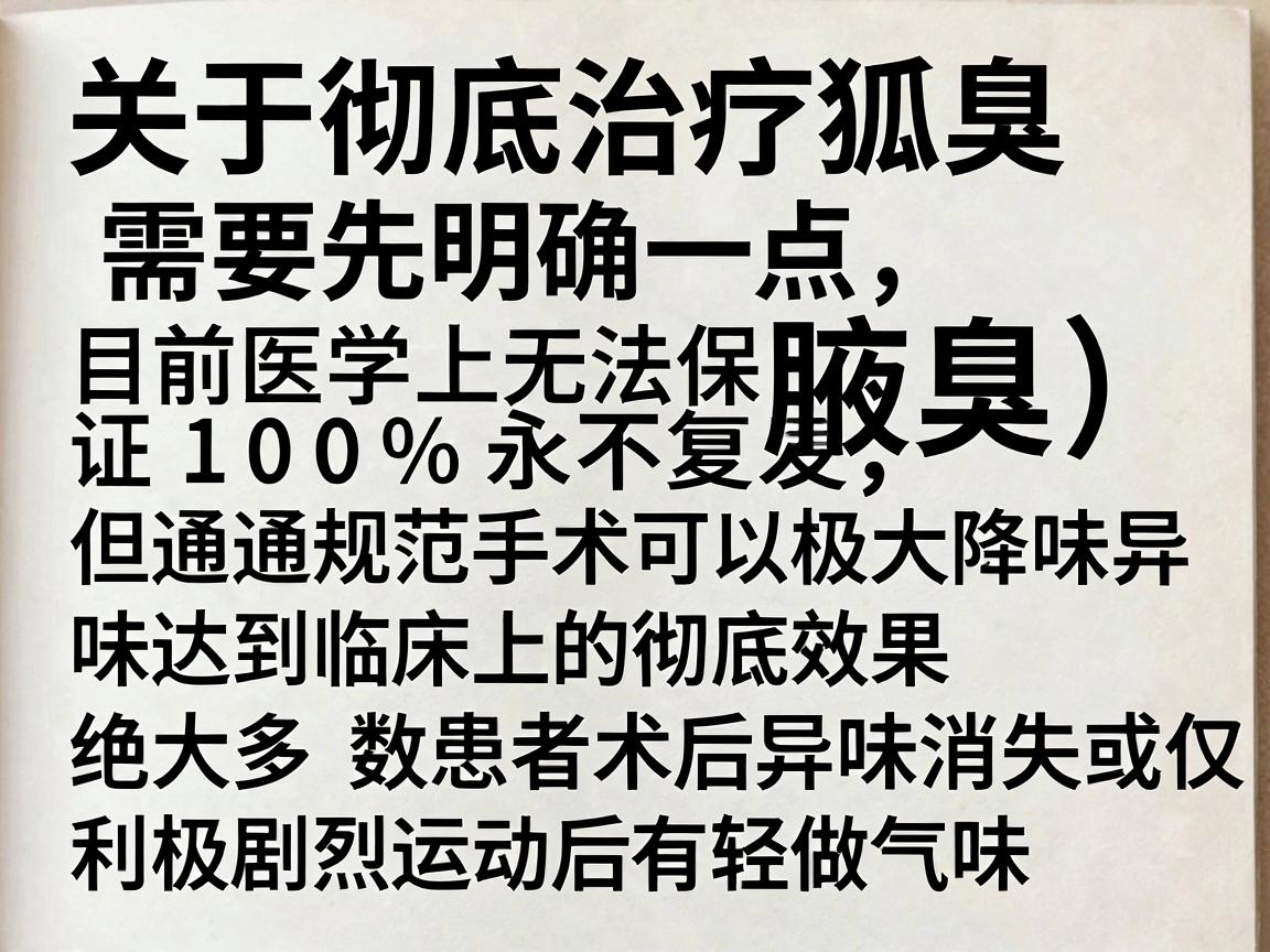 关于彻底治疗狐臭（腋臭）需要先明确一点，目前医学上无法保证100%永不复发，但通过规范手术可以极大降低异味，达到临床上的彻底效果（绝大多数患者术后异味消失或仅在极剧烈运动后有轻微气味）