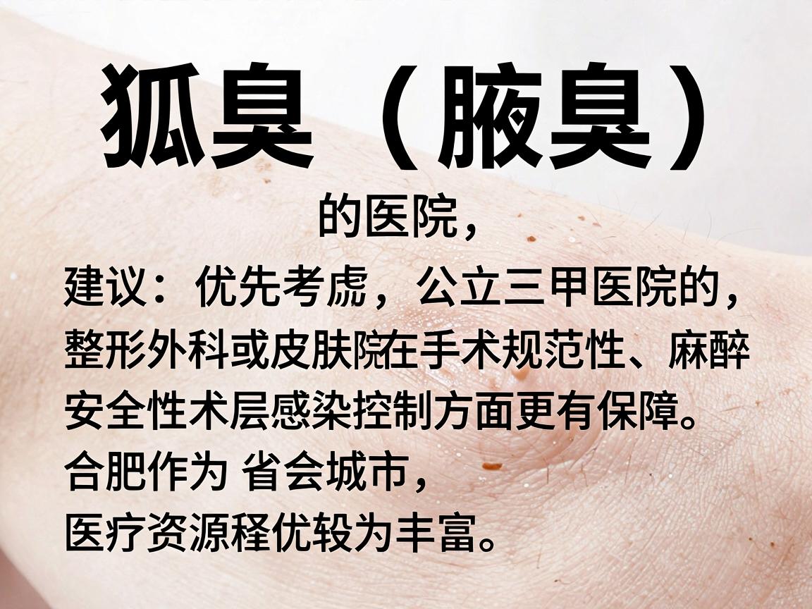 选择治疗狐臭（腋臭）的医院，建议优先考虑公立三甲医院的整形外科或皮肤科，因为这类医院在手术规范性、麻醉安全性和术后感染控制方面更有保障。合肥作为省会城市，医疗资源较为丰富