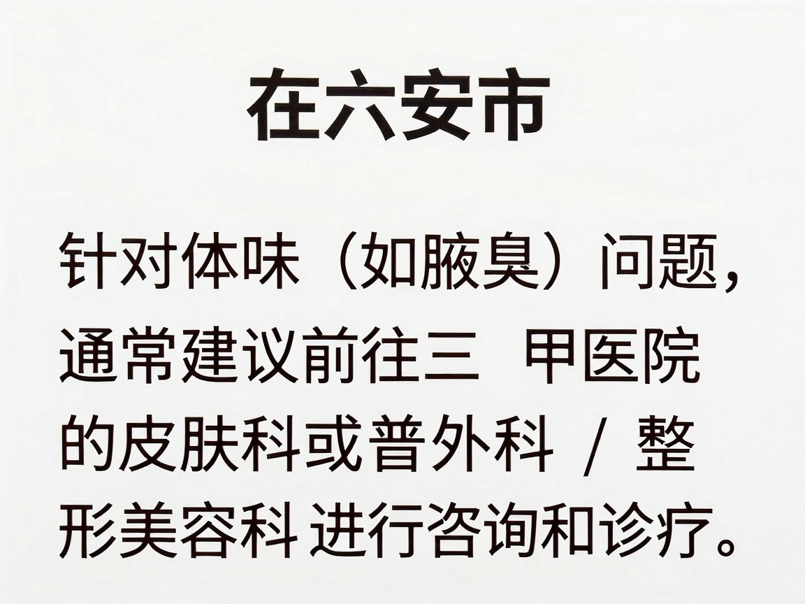在六安市，针对体味（如腋臭）问题，通常建议前往三甲医院的皮肤科或普外科/整形美容科进行咨询和诊疗。以下是一些主要医院的参考信息