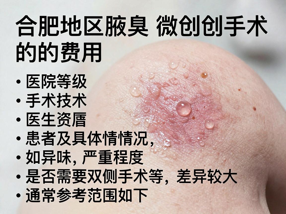合肥地区腋臭微创手术的费用因医院等级、手术技术、医生资历及患者具体情况(如异味严重程度、是否需要双侧手术等)差异较大,通常参考范围如下 合肥地区腋臭微创手术的费用因医院等级、手术技术、医生资历及患者具体情况(如异味严重程度、是否需要双侧手术等)差异较大,通常参考范围如下