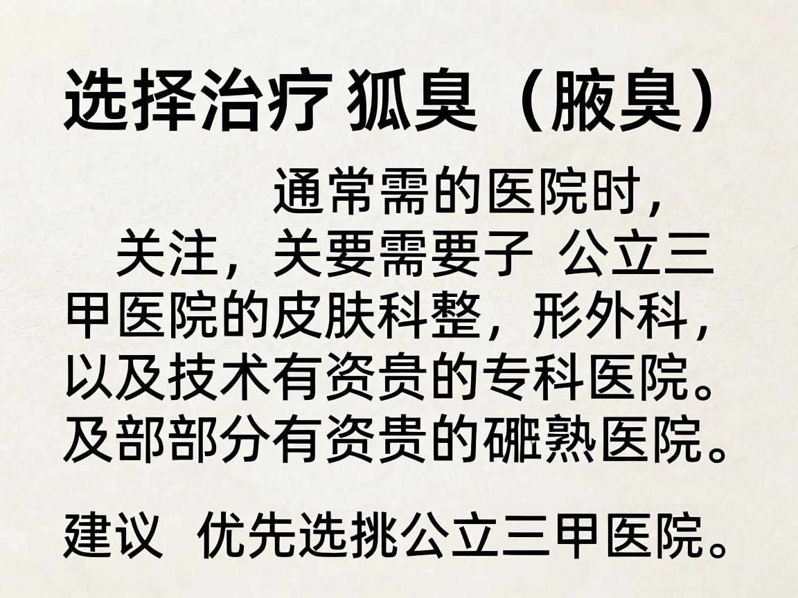 选择治疗狐臭(腋臭)的医院时,通常需要关注公立三甲医院的皮肤科或整形外科,以及部分有资质的专科医院。以下是合肥地区口碑较好、技术相对成熟的几家医院供参考(建议优先选择公立三甲医院) 选择治疗狐臭(腋臭)的医院时,通常需要关注公立三甲医院的皮肤科或整形外科,以及部分有资质的专科医院。以下是合肥地区口碑较好、技术相对成熟的几家医院供参考(建议优先选择公立三甲医院)