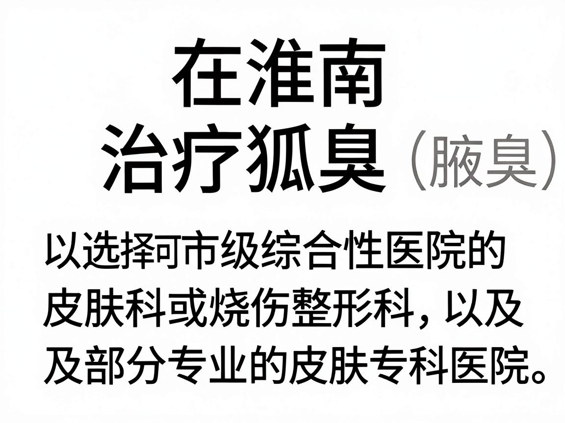 在淮南,治疗狐臭(腋臭)通常可以选择市级综合性医院的皮肤科或烧伤整形科,以及部分专业的皮肤专科医院。以下是一些可供参考的医院和科室建议 在淮南,治疗狐臭(腋臭)通常可以选择市级综合性医院的皮肤科或烧伤整形科,以及部分专业的皮肤专科医院。以下是一些可供参考的医院和科室建议