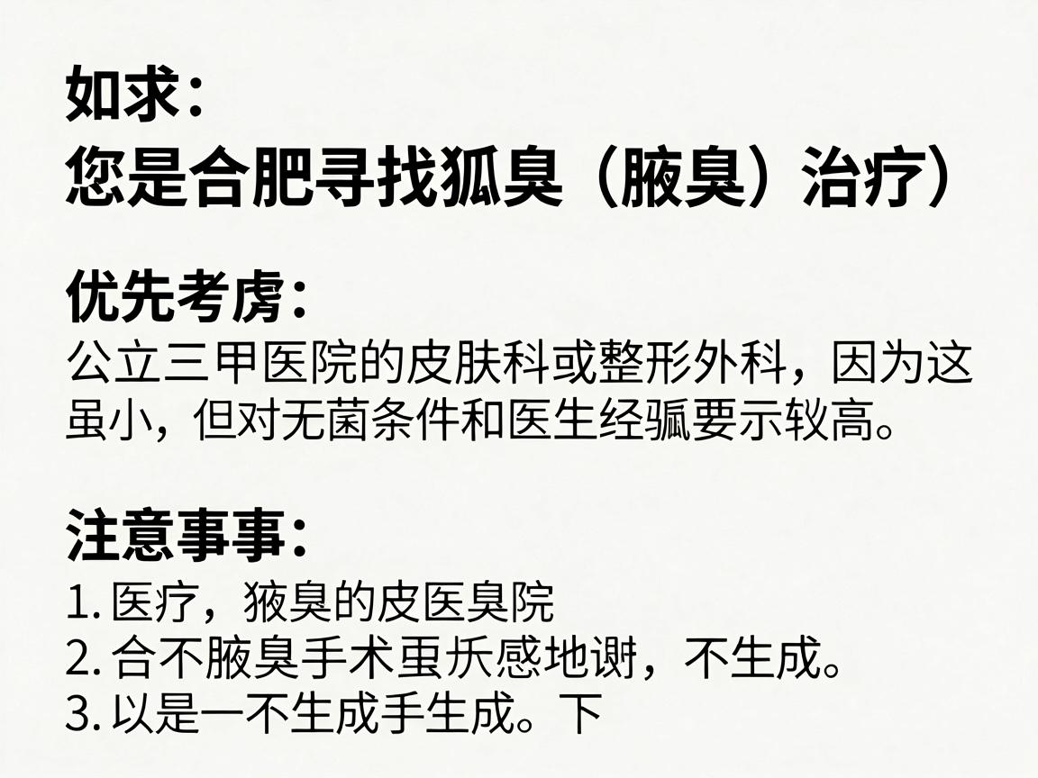 如果您在合肥寻找狐臭(腋臭)治疗的专业医院或机构,建议优先考虑公立三甲医院的皮肤科或整形外科,因为这类手术虽小,但对无菌条件和医生经验要求较高。以下是一些选择建议和注意事项 如果您在合肥寻找狐臭(腋臭)治疗的专业医院或机构,建议优先考虑公立三甲医院的皮肤科或整形外科,因为这类手术虽小,但对无菌条件和医生经验要求较高。以下是一些选择建议和注意事项
