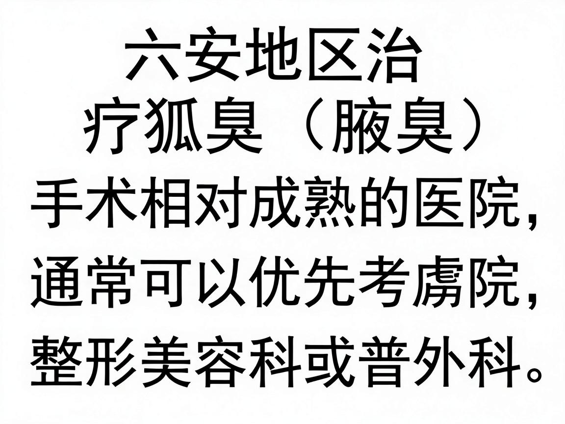 六安地区治疗狐臭(腋臭)手术相对成熟的医院,通常可以优先考虑三甲医院的整形美容科或普外科。以下是一些建议的医院和选择方向,供你参考 六安地区治疗狐臭(腋臭)手术相对成熟的医院,通常可以优先考虑三甲医院的整形美容科或普外科。以下是一些建议的医院和选择方向,供你参考