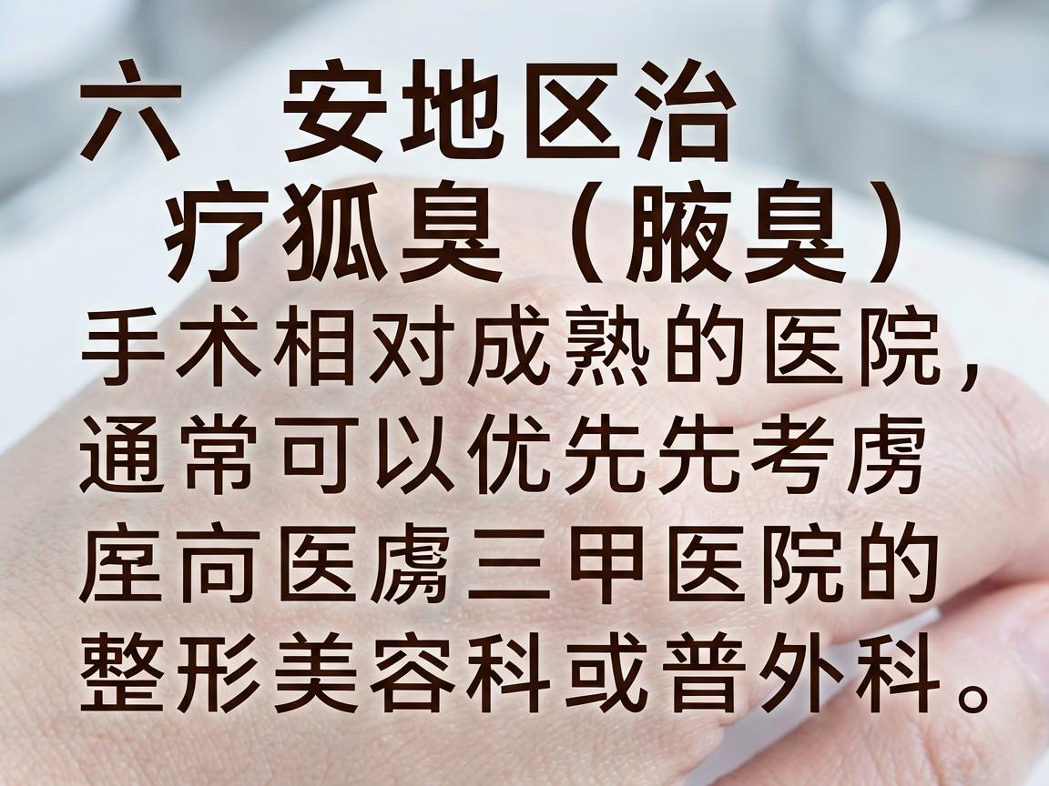 六安地区治疗狐臭(腋臭)手术相对成熟的医院,通常可以优先考虑三甲医院的整形美容科或普外科。以下是一些建议的医院和选择方向,供你参考 六安地区治疗狐臭(腋臭)手术相对成熟的医院,通常可以优先考虑三甲医院的整形美容科或普外科。以下是一些建议的医院和选择方向,供你参考