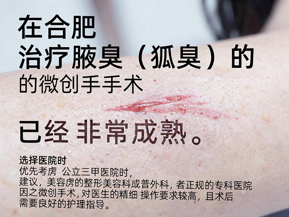 在合肥,治疗腋臭(狐臭)的微创手术已经非常成熟。选择医院时,建议优先考虑公立三甲医院的整形美容科或普外科,或者正规的专科医院,因为微创手术对医生的精细操作要求较高,且术后需要良好的护理指导 在合肥,治疗腋臭(狐臭)的微创手术已经非常成熟。选择医院时,建议优先考虑公立三甲医院的整形美容科或普外科,或者正规的专科医院,因为微创手术对医生的精细操作要求较高,且术后需要良好的护理指导