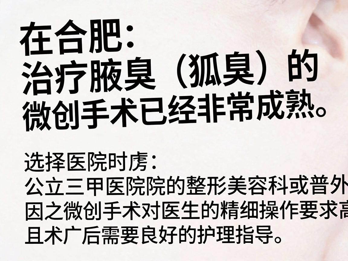 在合肥,治疗腋臭(狐臭)的微创手术已经非常成熟。选择医院时,建议优先考虑公立三甲医院的整形美容科或普外科,或者正规的专科医院,因为微创手术对医生的精细操作要求较高,且术后需要良好的护理指导 在合肥,治疗腋臭(狐臭)的微创手术已经非常成熟。选择医院时,建议优先考虑公立三甲医院的整形美容科或普外科,或者正规的专科医院,因为微创手术对医生的精细操作要求较高,且术后需要良好的护理指导
