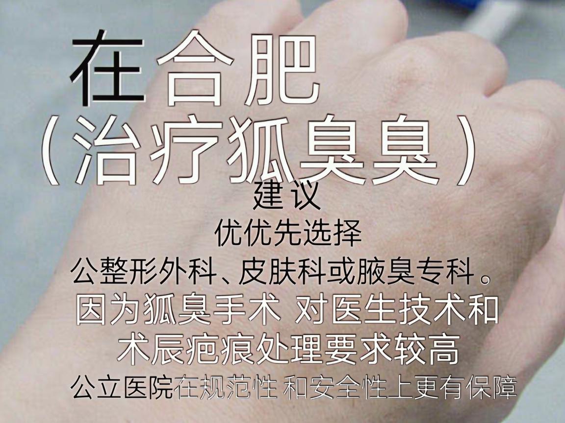 在合肥,治疗狐臭(腋臭)建议优先选择公立三甲医院的整形外科、皮肤科或腋臭专科。因为狐臭手术对医生技术和术后疤痕处理要求较高,公立医院在规范性和安全性上更有保障 在合肥,治疗狐臭(腋臭)建议优先选择公立三甲医院的整形外科、皮肤科或腋臭专科。因为狐臭手术对医生技术和术后疤痕处理要求较高,公立医院在规范性和安全性上更有保障