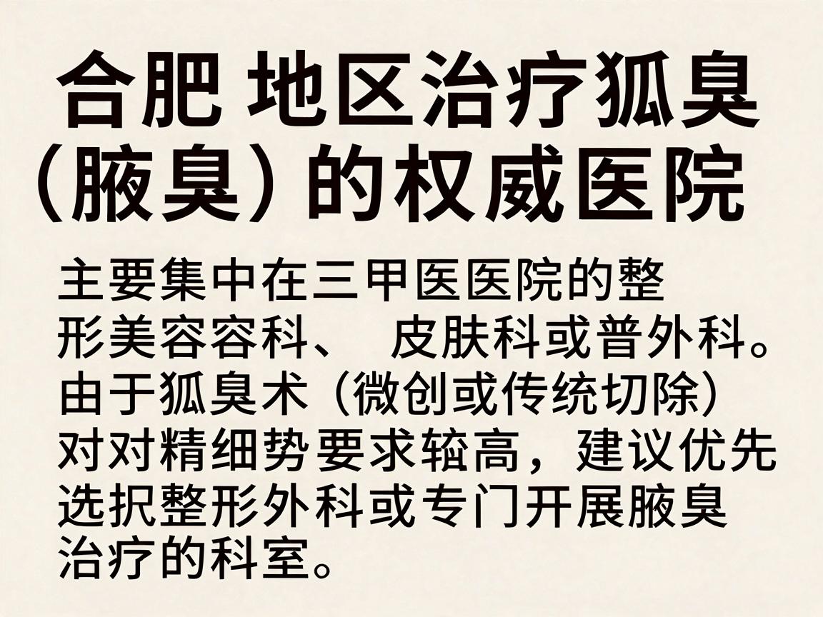 合肥地区治疗狐臭(腋臭)的权威医院主要集中在三甲医院的整形美容科、皮肤科或普外科。由于狐臭手术(微创或传统切除)对精细度要求较高,建议优先选择整形外科或专门开展腋臭治疗的科室 合肥地区治疗狐臭(腋臭)的权威医院主要集中在三甲医院的整形美容科、皮肤科或普外科。由于狐臭手术(微创或传统切除)对精细度要求较高,建议优先选择整形外科或专门开展腋臭治疗的科室