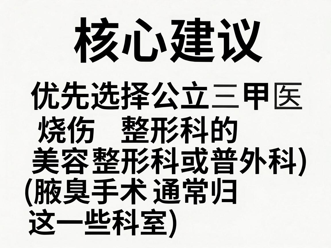 核心建议,优先选择公立三甲医院的烧伤整形科、美容整形科或普外科(腋臭手术通常归这些科室) 核心建议,优先选择公立三甲医院的烧伤整形科、美容整形科或普外科(腋臭手术通常归这些科室)