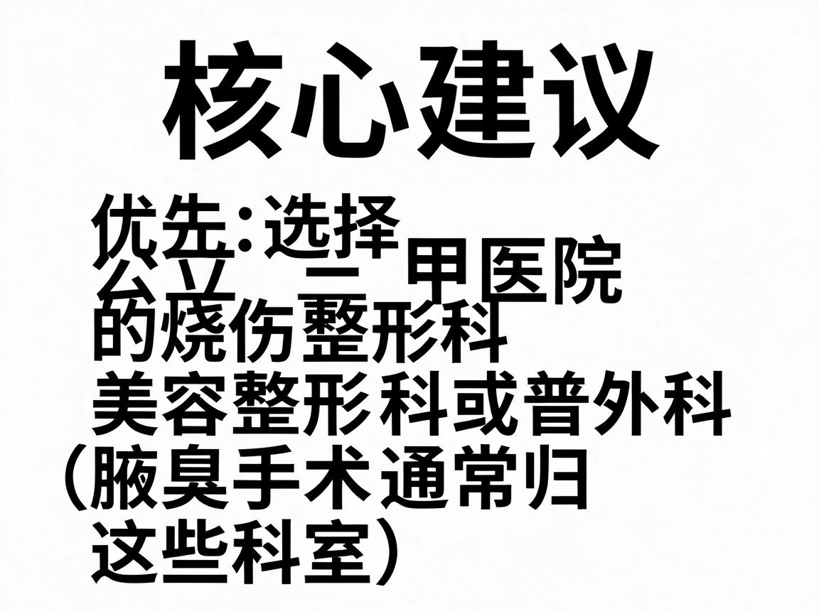 核心建议,优先选择公立三甲医院的烧伤整形科、美容整形科或普外科(腋臭手术通常归这些科室) 核心建议,优先选择公立三甲医院的烧伤整形科、美容整形科或普外科(腋臭手术通常归这些科室)