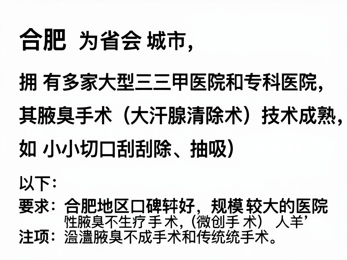 合肥作为省会城市,拥有多家大型三甲医院和专科医院,其腋臭手术(大汗腺清除术)技术成熟,治疗方式主要包括微创手术(如小切口刮除、抽吸)和传统手术。以下是合肥地区口碑较好、规模较大的医院推荐及注意事项 合肥作为省会城市,拥有多家大型三甲医院和专科医院,其腋臭手术(大汗腺清除术)技术成熟,治疗方式主要包括微创手术(如小切口刮除、抽吸)和传统手术。以下是合肥地区口碑较好、规模较大的医院推荐及注意事项
