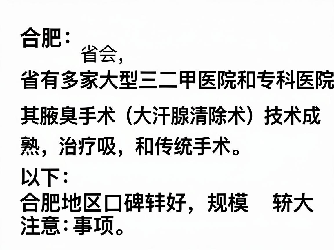 合肥作为省会城市,拥有多家大型三甲医院和专科医院,其腋臭手术(大汗腺清除术)技术成熟,治疗方式主要包括微创手术(如小切口刮除、抽吸)和传统手术。以下是合肥地区口碑较好、规模较大的医院推荐及注意事项 合肥作为省会城市,拥有多家大型三甲医院和专科医院,其腋臭手术(大汗腺清除术)技术成熟,治疗方式主要包括微创手术(如小切口刮除、抽吸)和传统手术。以下是合肥地区口碑较好、规模较大的医院推荐及注意事项