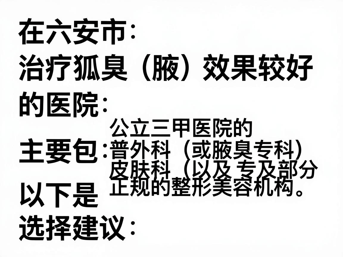 在六安市,治疗狐臭(腋臭)效果较好的医院主要包括公立三甲医院的普外科(或腋臭专科)皮肤科以及部分正规的整形美容机构。以下是推荐的医院及选择建议 在六安市,治疗狐臭(腋臭)效果较好的医院主要包括公立三甲医院的普外科(或腋臭专科)皮肤科以及部分正规的整形美容机构。以下是推荐的医院及选择建议