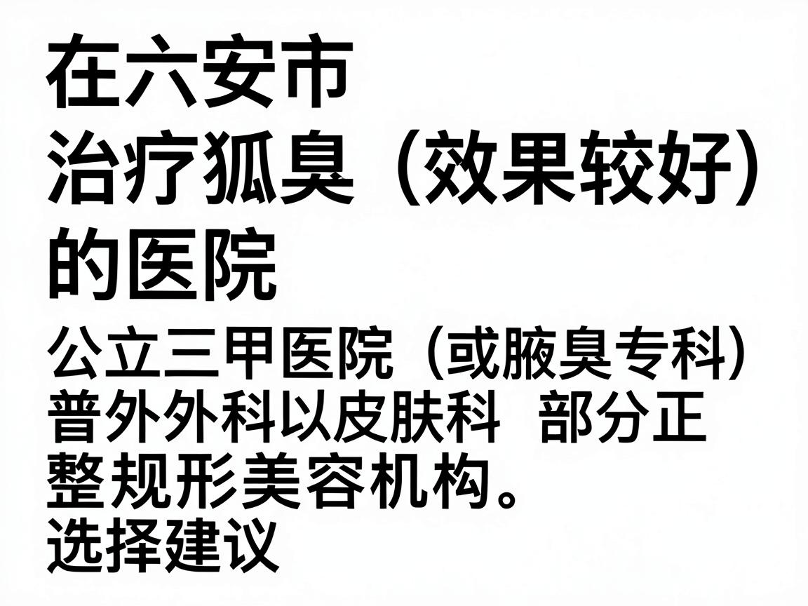 在六安市,治疗狐臭(腋臭)效果较好的医院主要包括公立三甲医院的普外科(或腋臭专科)皮肤科以及部分正规的整形美容机构。以下是推荐的医院及选择建议 在六安市,治疗狐臭(腋臭)效果较好的医院主要包括公立三甲医院的普外科(或腋臭专科)皮肤科以及部分正规的整形美容机构。以下是推荐的医院及选择建议