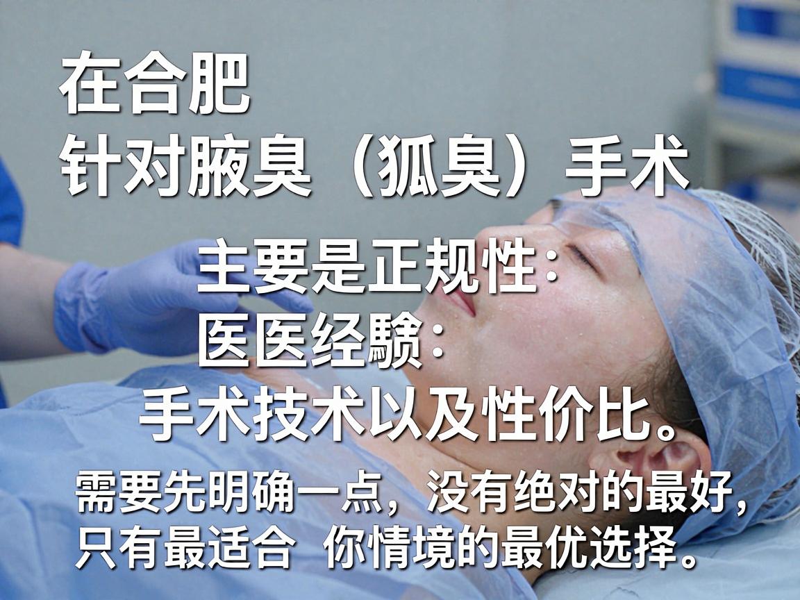 在合肥,针对腋臭(狐臭)手术,选择医院的核心标准主要是正规性、医生经验、手术技术以及性价比。需要先明确一点,没有绝对的最好,只有最适合你情况的最优选择 在合肥,针对腋臭(狐臭)手术,选择医院的核心标准主要是正规性、医生经验、手术技术以及性价比。需要先明确一点,没有绝对的最好,只有最适合你情况的最优选择