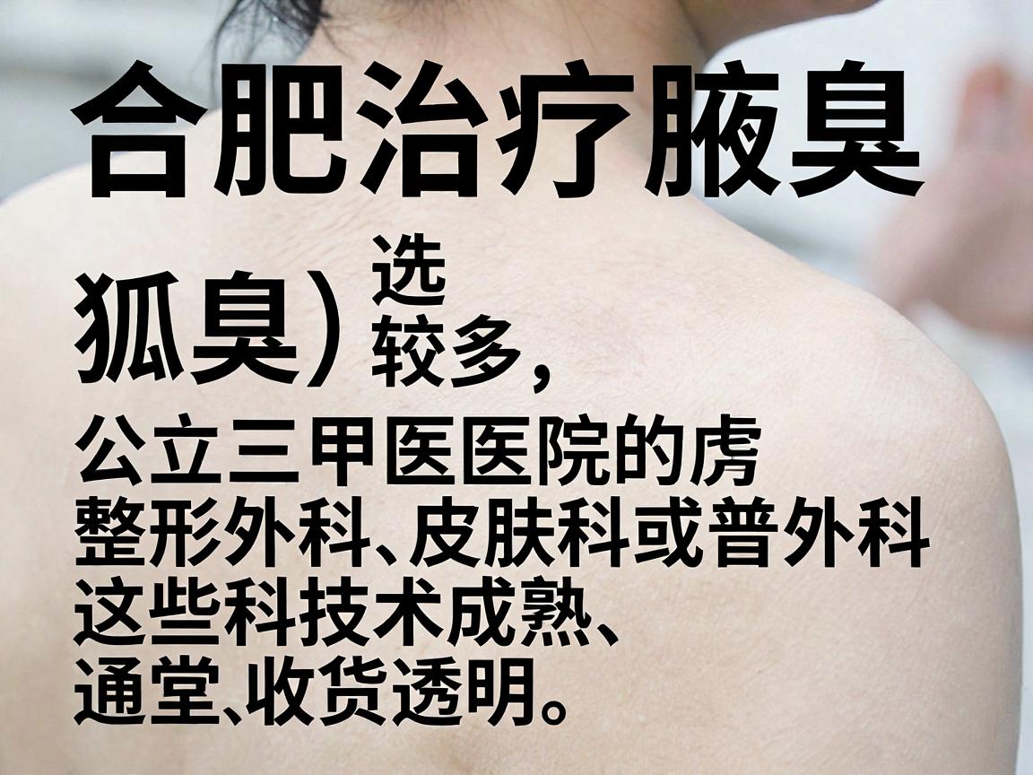 合肥治疗腋臭(狐臭)的医院选择较多,建议优先考虑公立三甲医院的整形外科、皮肤科或普外科,这些科室通常技术成熟、收费透明。以下是部分合肥地区口碑较好的医院及科室推荐,供你参考 合肥治疗腋臭(狐臭)的医院选择较多,建议优先考虑公立三甲医院的整形外科、皮肤科或普外科,这些科室通常技术成熟、收费透明。以下是部分合肥地区口碑较好的医院及科室推荐,供你参考