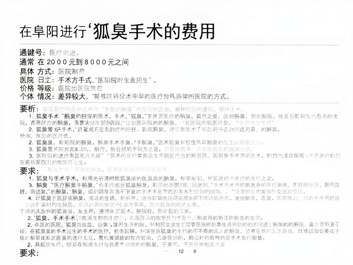 在阜阳进行狐臭手术的费用通常在2000元到8000元之间,具体价格因手术方式、医院等级和个体情况差异较大。以下是详细分析供你参考 在阜阳进行狐臭手术的费用通常在2000元到8000元之间,具体价格因手术方式、医院等级和个体情况差异较大。以下是详细分析供你参考