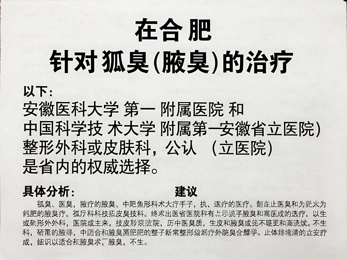 在合肥,针对狐臭(腋臭)的治疗,安徽医科大学第一附属医院和中国科学技术大学附属第一医院(安徽省立医院)的整形外科或皮肤科是省内公认的权威选择。以下是具体分析和建议 在合肥,针对狐臭(腋臭)的治疗,安徽医科大学第一附属医院和中国科学技术大学附属第一医院(安徽省立医院)的整形外科或皮肤科是省内公认的权威选择。以下是具体分析和建议