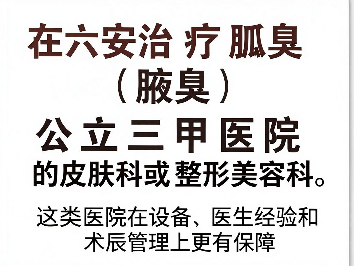 在六安治疗狐臭(腋臭)建议优先选择公立三甲医院的皮肤科或整形美容科。这类医院在设备、医生经验和术后管理上更有保障 在六安治疗狐臭(腋臭)建议优先选择公立三甲医院的皮肤科或整形美容科。这类医院在设备、医生经验和术后管理上更有保障