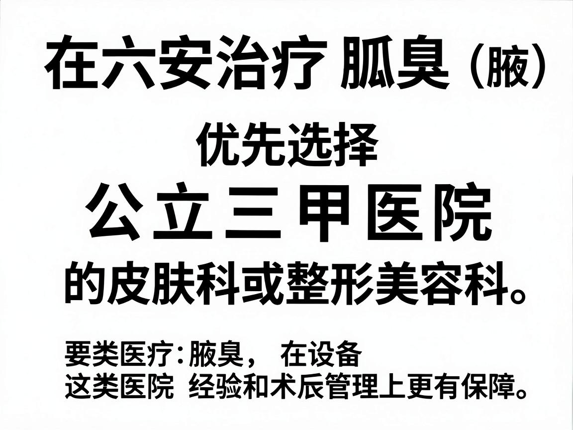 在六安治疗狐臭(腋臭)建议优先选择公立三甲医院的皮肤科或整形美容科。这类医院在设备、医生经验和术后管理上更有保障 在六安治疗狐臭(腋臭)建议优先选择公立三甲医院的皮肤科或整形美容科。这类医院在设备、医生经验和术后管理上更有保障