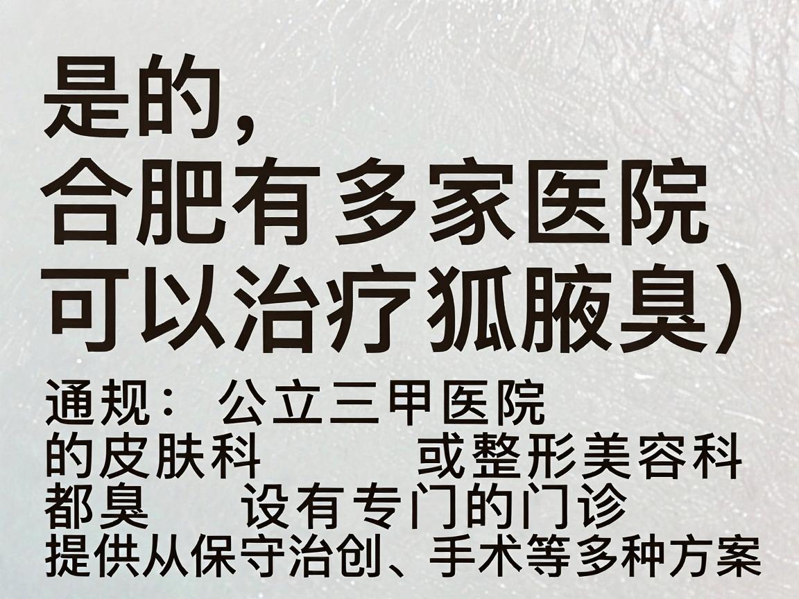 是的,合肥有多家医院可以治疗狐臭(腋臭)通常,正规公立三甲医院的皮肤科或整形美容科都设有专门的门诊,提供从保守治疗到微创、手术等多种方案 是的,合肥有多家医院可以治疗狐臭(腋臭)通常,正规公立三甲医院的皮肤科或整形美容科都设有专门的门诊,提供从保守治疗到微创、手术等多种方案