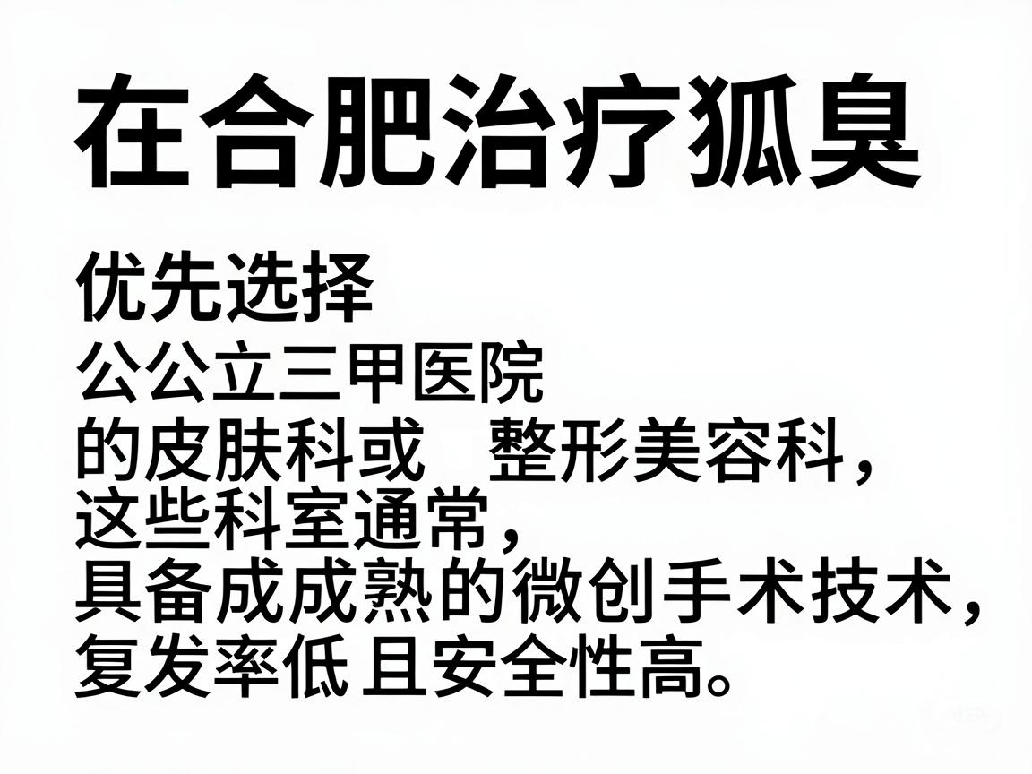 在合肥治疗狐臭(腋臭)建议优先选择公立三甲医院的皮肤科或整形美容科,这些科室通常具备成熟的微创手术技术,复发率低且安全性高。以下是几家口碑较好的医院及科室推荐 在合肥治疗狐臭(腋臭)建议优先选择公立三甲医院的皮肤科或整形美容科,这些科室通常具备成熟的微创手术技术,复发率低且安全性高。以下是几家口碑较好的医院及科室推荐