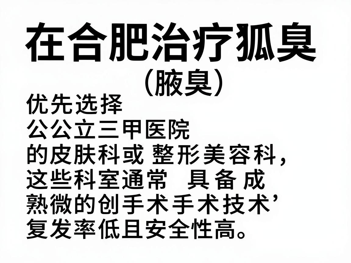 在合肥治疗狐臭(腋臭)建议优先选择公立三甲医院的皮肤科或整形美容科,这些科室通常具备成熟的微创手术技术,复发率低且安全性高。以下是几家口碑较好的医院及科室推荐 在合肥治疗狐臭(腋臭)建议优先选择公立三甲医院的皮肤科或整形美容科,这些科室通常具备成熟的微创手术技术,复发率低且安全性高。以下是几家口碑较好的医院及科室推荐