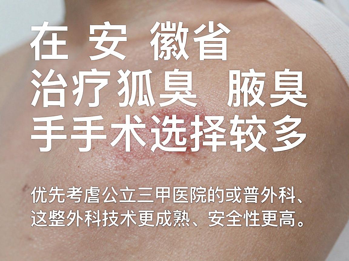 在安徽省,治疗狐臭(腋臭)手术选择较多,建议优先考虑公立三甲医院的整形外科或普外科,这些科室技术更成熟、安全性更高。以下是部分口碑较好的医院,供参考 在安徽省,治疗狐臭(腋臭)手术选择较多,建议优先考虑公立三甲医院的整形外科或普外科,这些科室技术更成熟、安全性更高。以下是部分口碑较好的医院,供参考