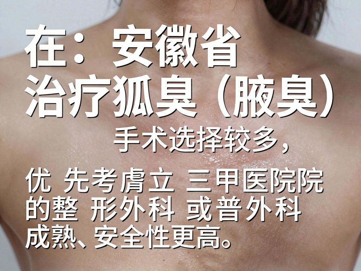 在安徽省,治疗狐臭(腋臭)手术选择较多,建议优先考虑公立三甲医院的整形外科或普外科,这些科室技术更成熟、安全性更高。以下是部分口碑较好的医院,供参考 在安徽省,治疗狐臭(腋臭)手术选择较多,建议优先考虑公立三甲医院的整形外科或普外科,这些科室技术更成熟、安全性更高。以下是部分口碑较好的医院,供参考