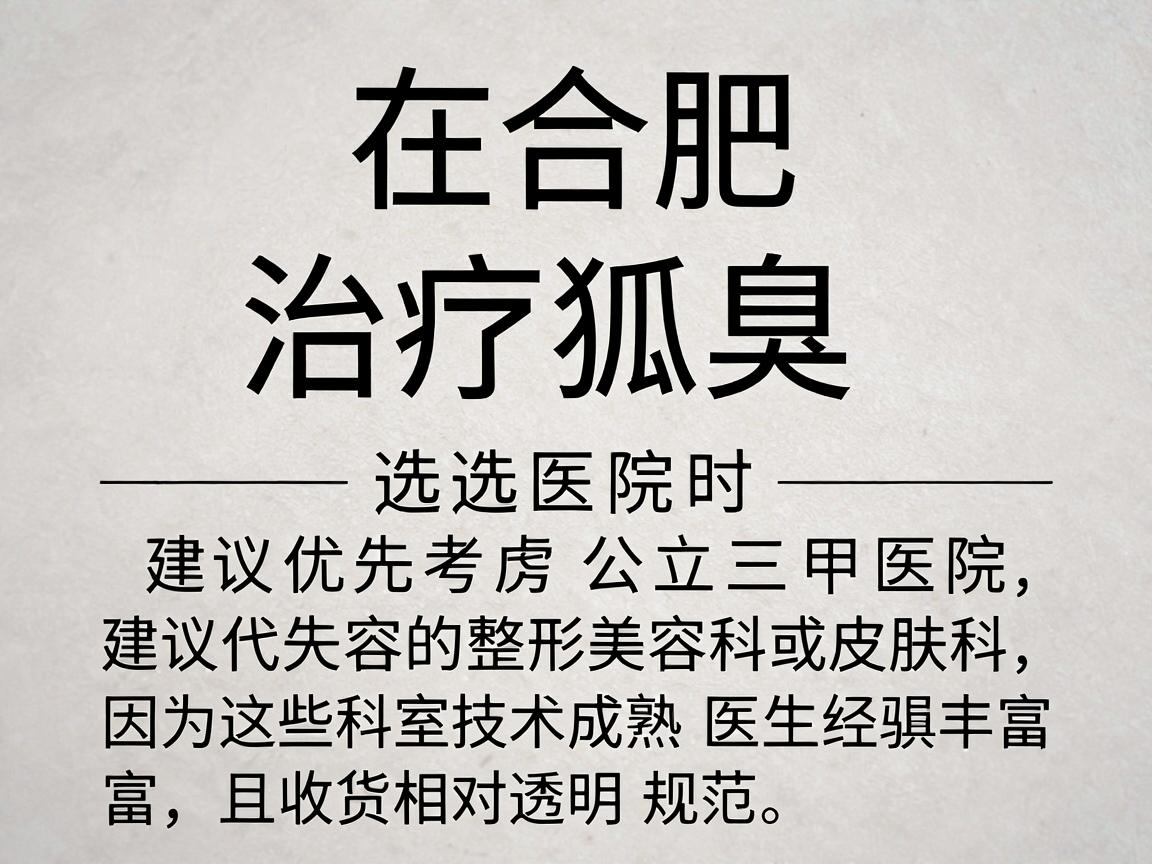 在合肥,治疗狐臭(腋臭)选择医院时,建议优先考虑公立三甲医院的整形美容科或皮肤科,因为这些科室技术成熟、医生经验丰富,且收费相对透明规范 在合肥,治疗狐臭(腋臭)选择医院时,建议优先考虑公立三甲医院的整形美容科或皮肤科,因为这些科室技术成熟、医生经验丰富,且收费相对透明规范