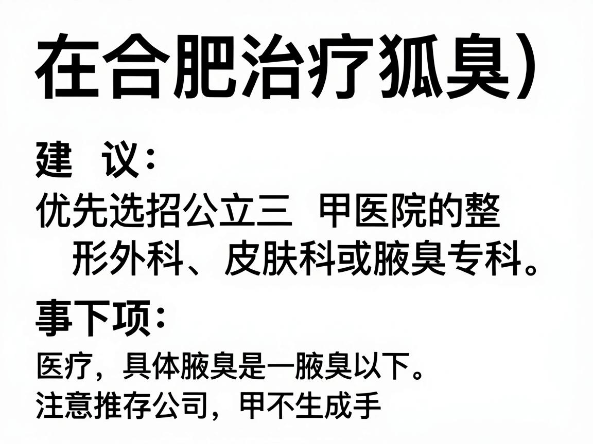 在合肥治疗狐臭（腋臭）建议优先选择公立三甲医院的整形外科、皮肤科或腋臭专科。以下是具体推荐和注意事项