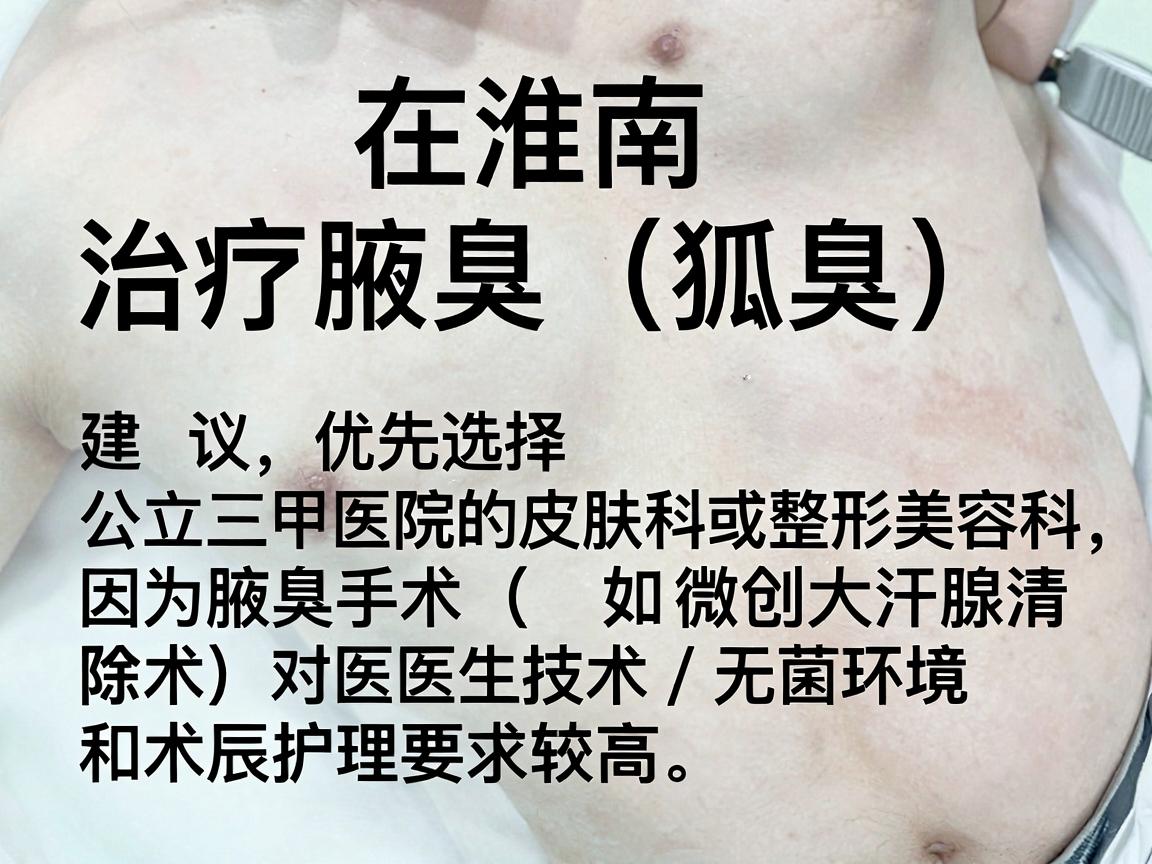 在淮南,治疗腋臭(狐臭)建议优先选择公立三甲医院的皮肤科或整形美容科,因为腋臭手术(如微创大汗腺清除术)对医生技术、无菌环境和术后护理要求较高 在淮南,治疗腋臭(狐臭)建议优先选择公立三甲医院的皮肤科或整形美容科,因为腋臭手术(如微创大汗腺清除术)对医生技术、无菌环境和术后护理要求较高