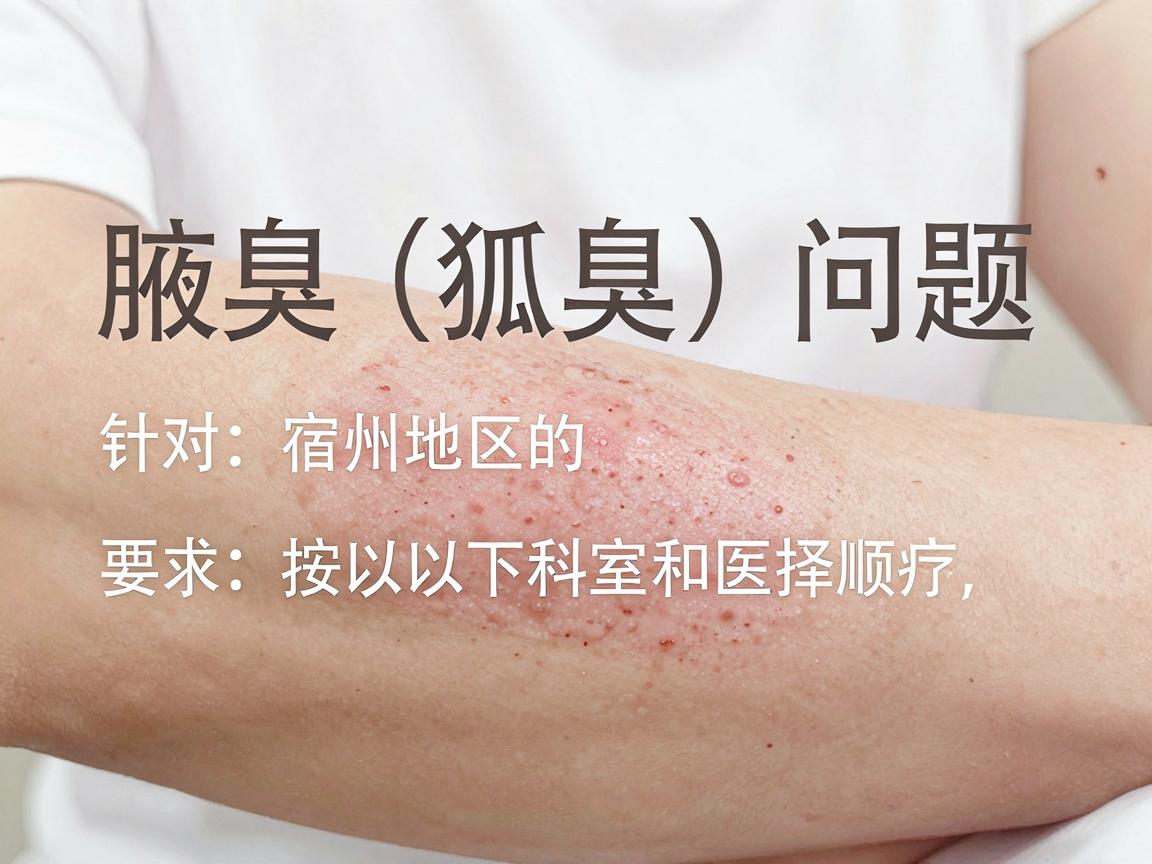 针对宿州地区的腋臭(狐臭)问题,建议按以下顺序选择科室和医生,以获得最佳诊疗效果 针对宿州地区的腋臭(狐臭)问题,建议按以下顺序选择科室和医生,以获得最佳诊疗效果