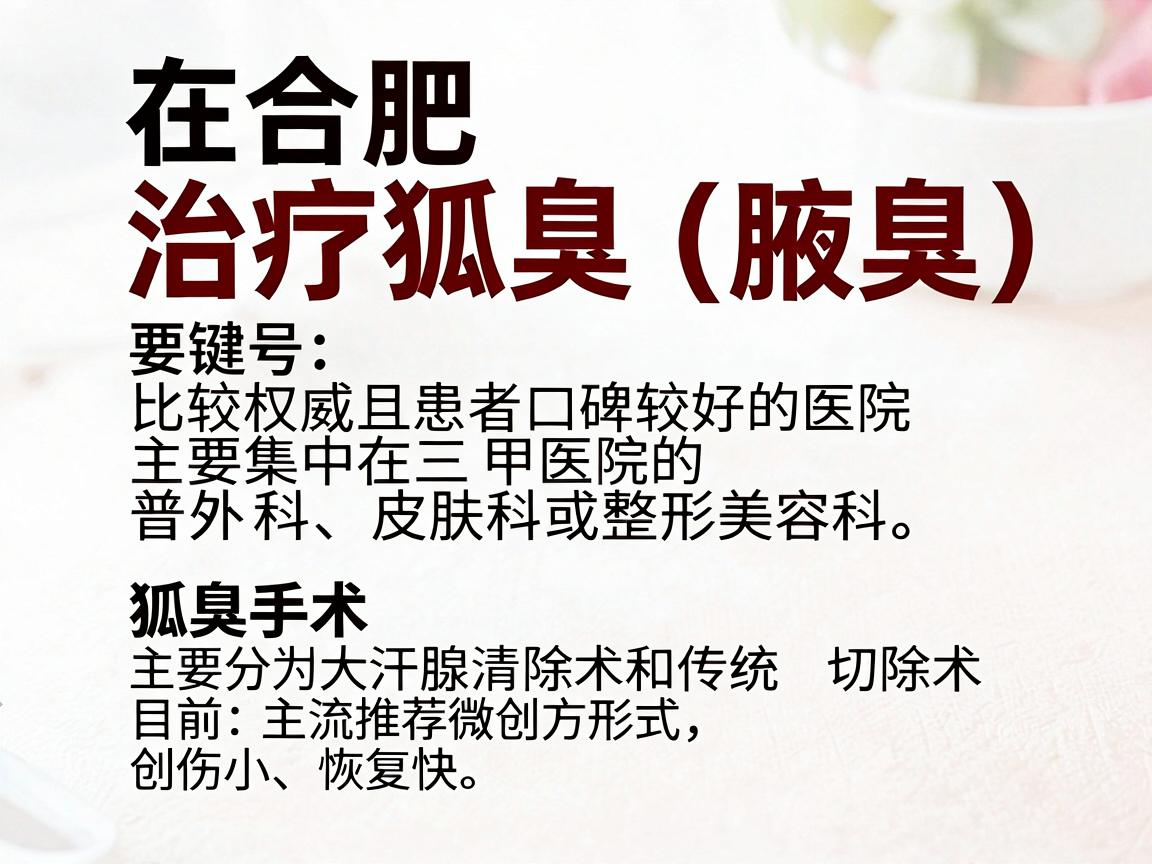 在合肥,治疗狐臭(腋臭)比较权威且患者口碑较好的医院主要集中在三甲医院的普外科、皮肤科或整形美容科。狐臭手术主要分为微创大汗腺清除术和传统切除术,目前主流推荐微创方式,创伤小、恢复快 在合肥,治疗狐臭(腋臭)比较权威且患者口碑较好的医院主要集中在三甲医院的普外科、皮肤科或整形美容科。狐臭手术主要分为微创大汗腺清除术和传统切除术,目前主流推荐微创方式,创伤小、恢复快