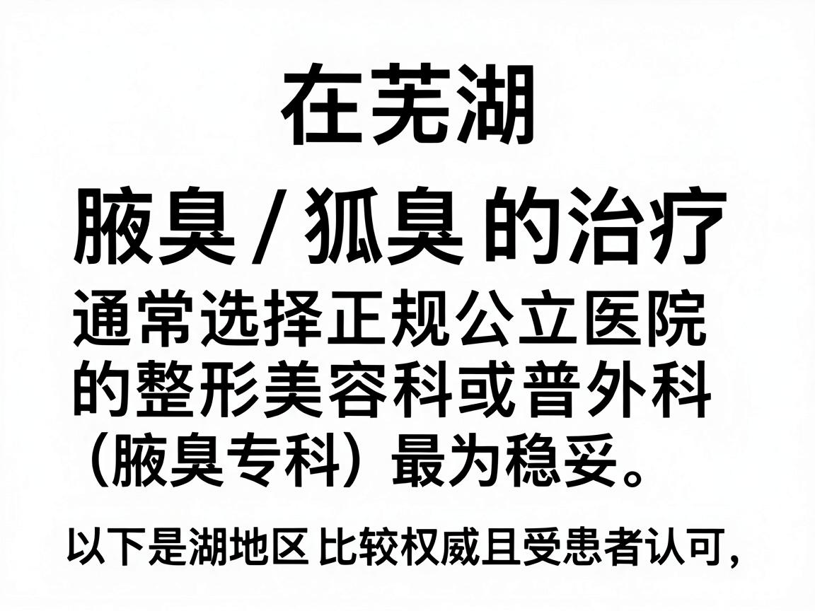 在芜湖,针对体味(腋臭/狐臭)的治疗,通常选择正规公立医院的整形美容科或普外科(腋臭专科)最为稳妥。以下是芜湖地区比较权威且受患者认可的医院推荐 在芜湖,针对体味(腋臭/狐臭)的治疗,通常选择正规公立医院的整形美容科或普外科(腋臭专科)最为稳妥。以下是芜湖地区比较权威且受患者认可的医院推荐