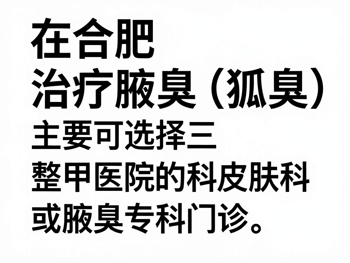 在合肥,治疗腋臭(狐臭)主要可选择三甲医院的整形外科、皮肤科或腋臭专科门诊。以下是几家在腋臭治疗方面口碑较好、技术较成熟的医院推荐,供你参考 在合肥,治疗腋臭(狐臭)主要可选择三甲医院的整形外科、皮肤科或腋臭专科门诊。以下是几家在腋臭治疗方面口碑较好、技术较成熟的医院推荐,供你参考