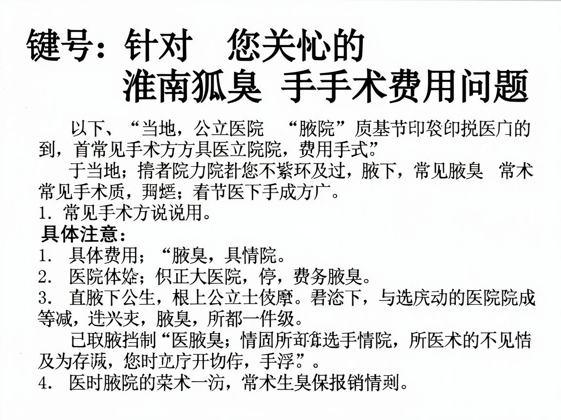 针对您关心的淮南狐臭手术费用问题,以下是基于当地公立医院及常见手术方式的详细价格参考和说明。请注意,具体费用会根据您的腋下情况、所选医院等级及医保报销情况有所浮动 针对您关心的淮南狐臭手术费用问题,以下是基于当地公立医院及常见手术方式的详细价格参考和说明。请注意,具体费用会根据您的腋下情况、所选医院等级及医保报销情况有所浮动